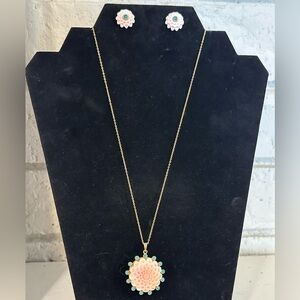 Carved Pink Conch Shell and Sleeping Beauty Turquoise Pendant and Earrings